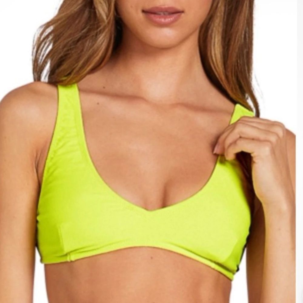 Volcom Simply Mesh Solid Neon Yellow V-Neck Bikini‎ Top, Size L, NWT